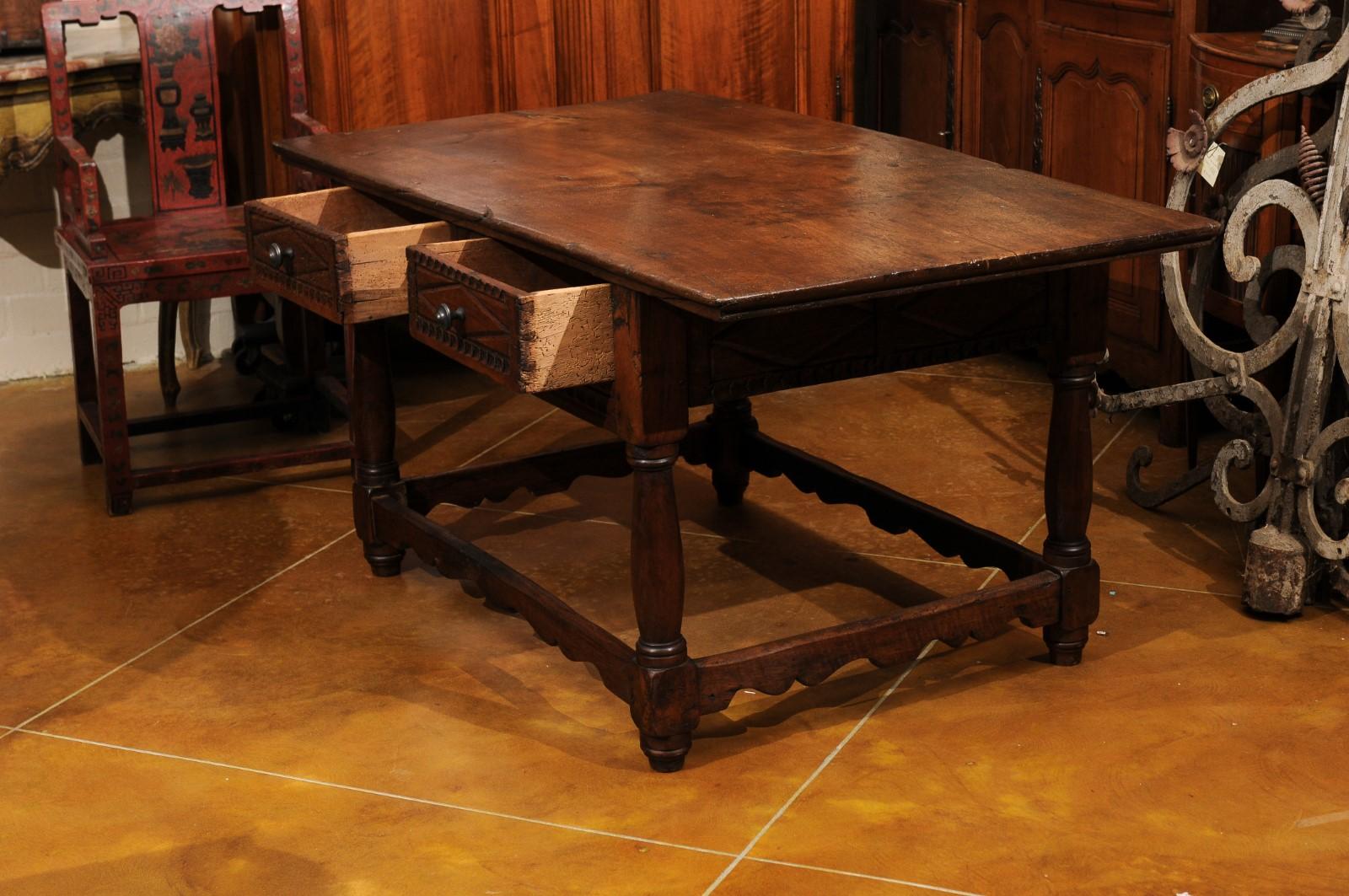 18th Century and Later Spanish Walnut Center Table W/ 2 Drawers & Box Stretcher For Sale 10