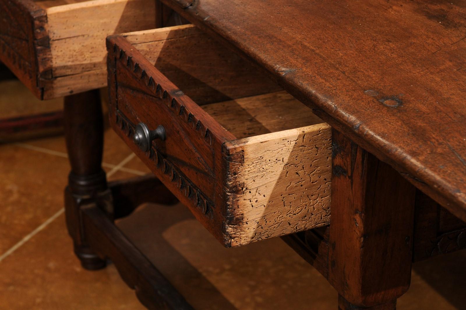 18th Century and Later Spanish Walnut Center Table W/ 2 Drawers & Box Stretcher For Sale 11
