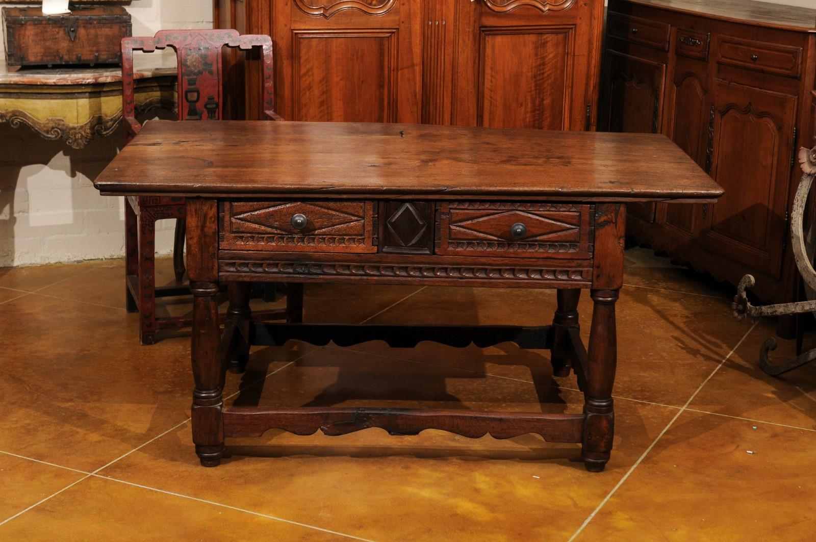 18th Century and Later Spanish Walnut Center Table W/ 2 Drawers & Box Stretcher For Sale 12