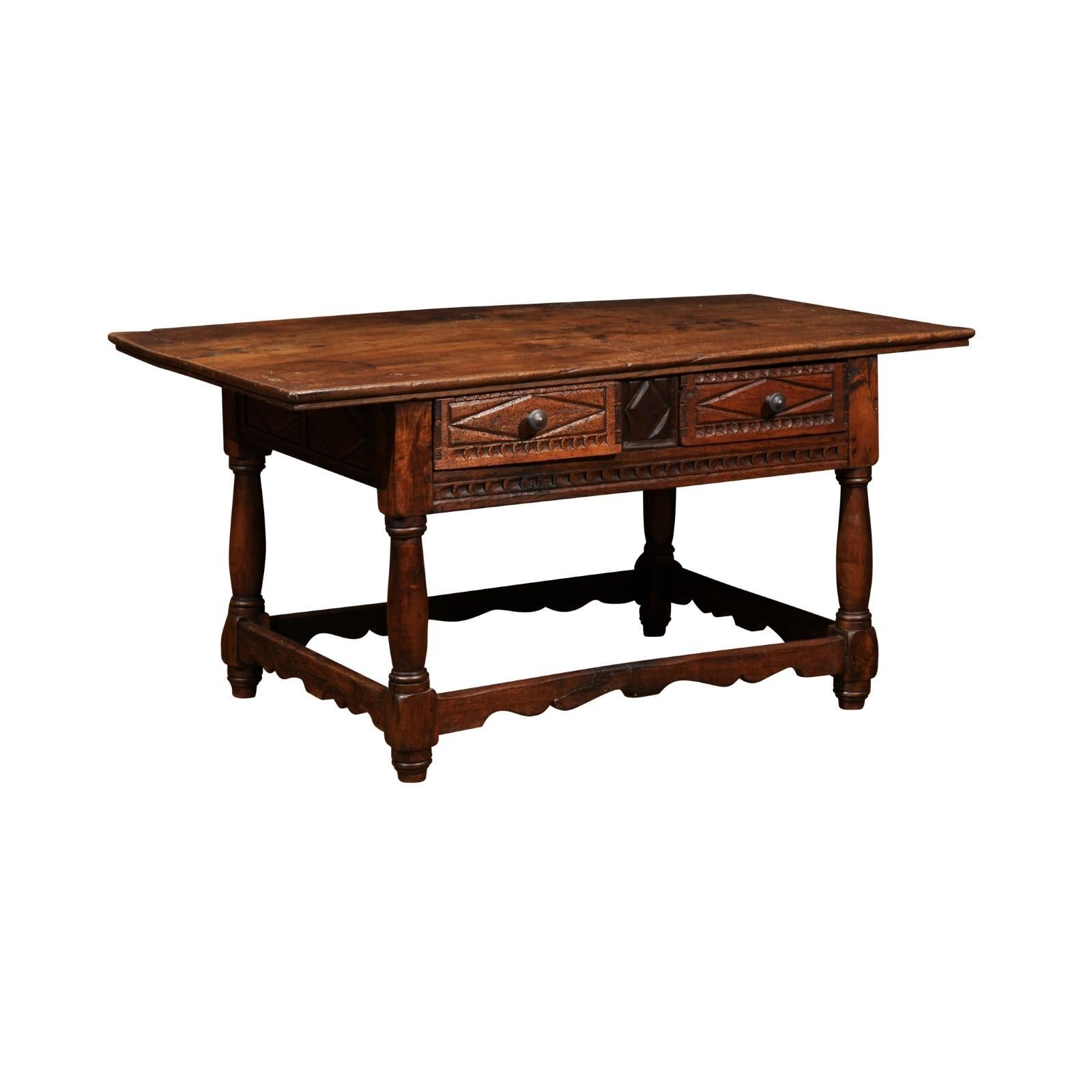 18th century and Later Spanish Walnut Center Table with 2 Drawers & Box Stretcher.