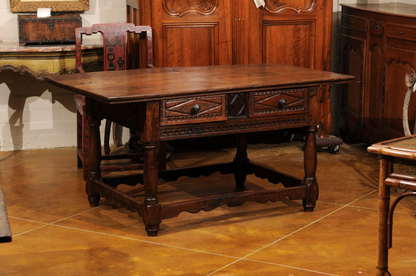 18th Century and Later Spanish Walnut Center Table W/ 2 Drawers & Box Stretcher In Good Condition For Sale In Atlanta, GA