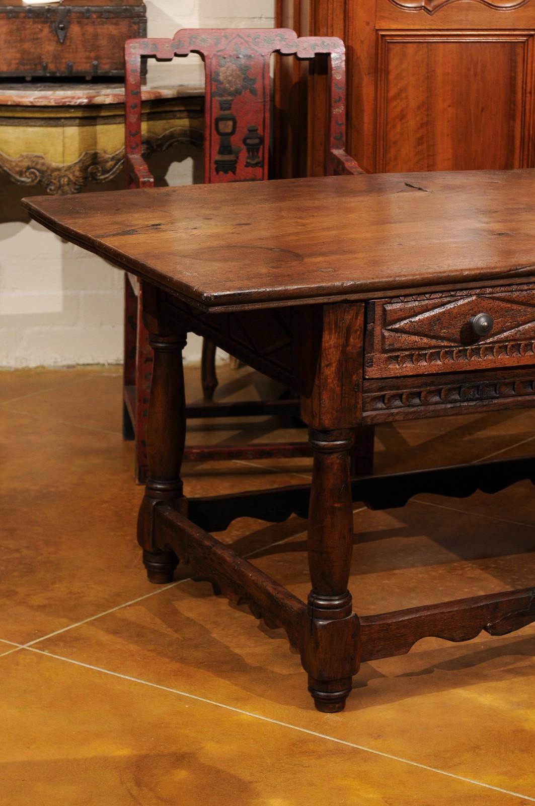 18th Century and Earlier 18th Century and Later Spanish Walnut Center Table W/ 2 Drawers & Box Stretcher For Sale