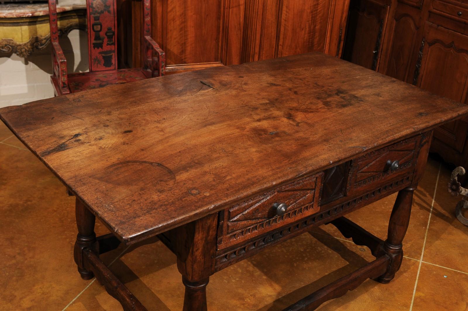 18th Century and Later Spanish Walnut Center Table W/ 2 Drawers & Box Stretcher For Sale 1