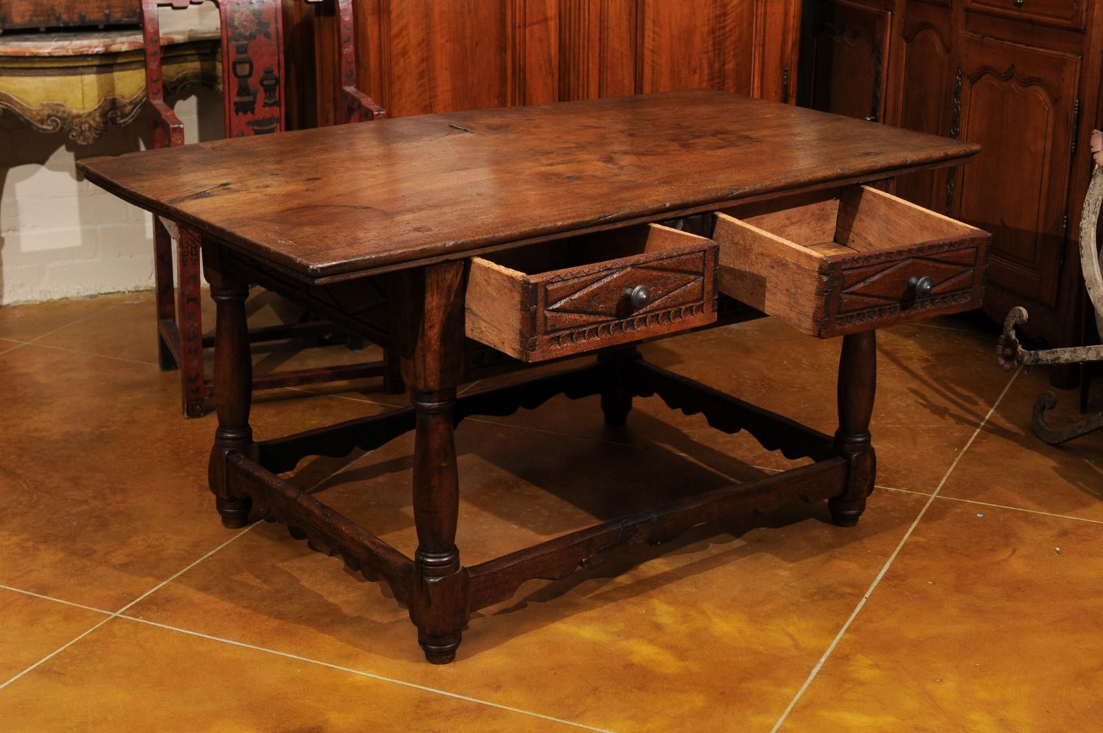 18th Century and Later Spanish Walnut Center Table W/ 2 Drawers & Box Stretcher For Sale 2