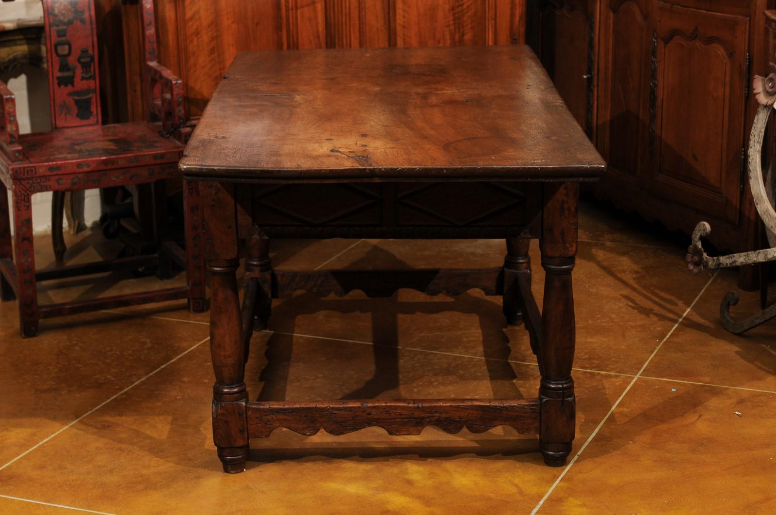 18th Century and Later Spanish Walnut Center Table W/ 2 Drawers & Box Stretcher For Sale 4