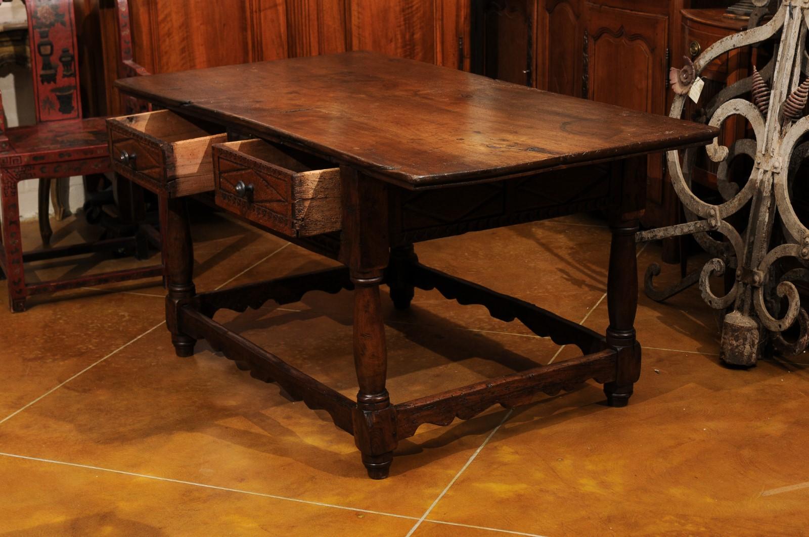 18th Century and Later Spanish Walnut Center Table W/ 2 Drawers & Box Stretcher For Sale 5