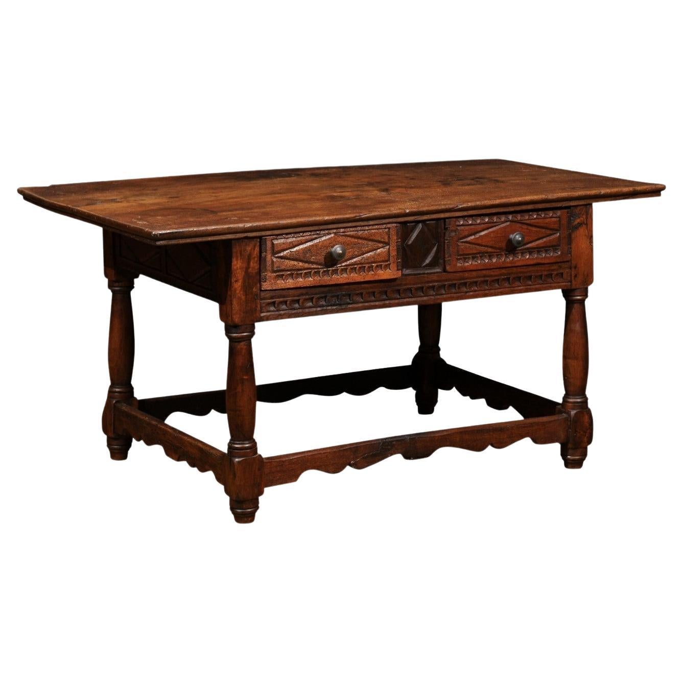 18th Century and Later Spanish Walnut Center Table W/ 2 Drawers & Box Stretcher For Sale