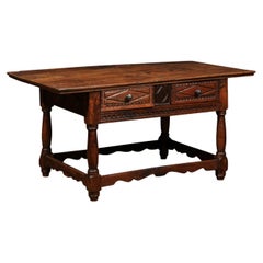 18th Century and Later Spanish Walnut Center Table W/ 2 Drawers & Box Stretcher