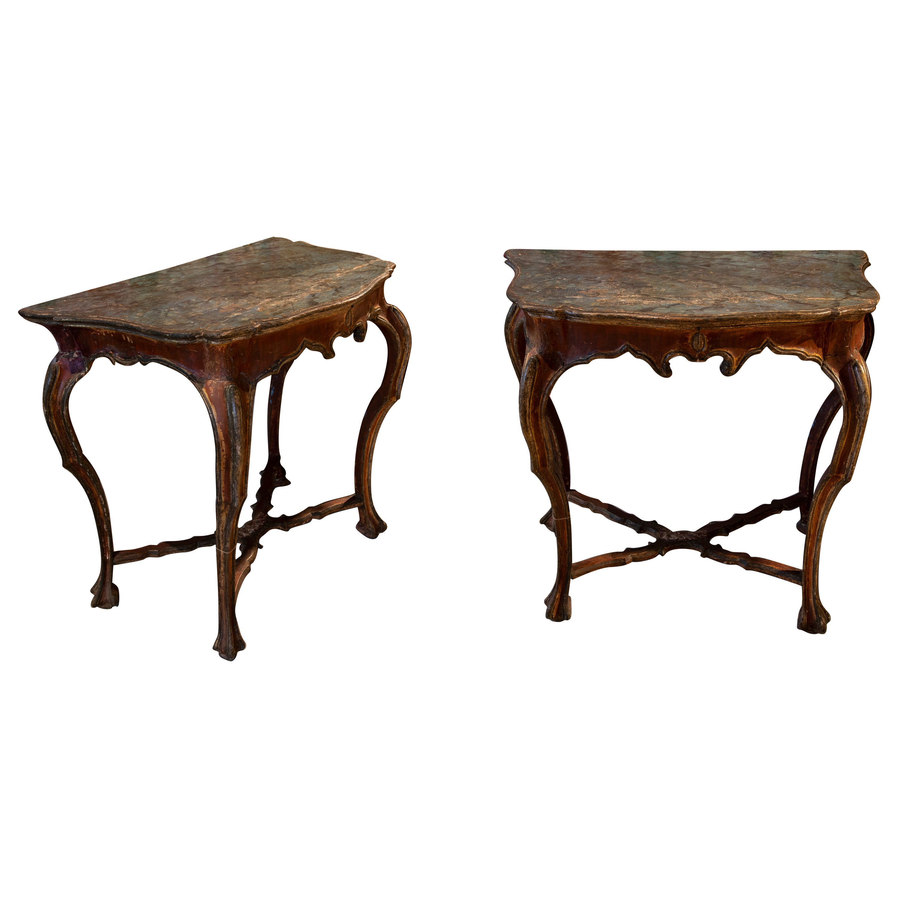 18th Century Andalusian  Pair of Consoles with Hand-Painted Marbled Top