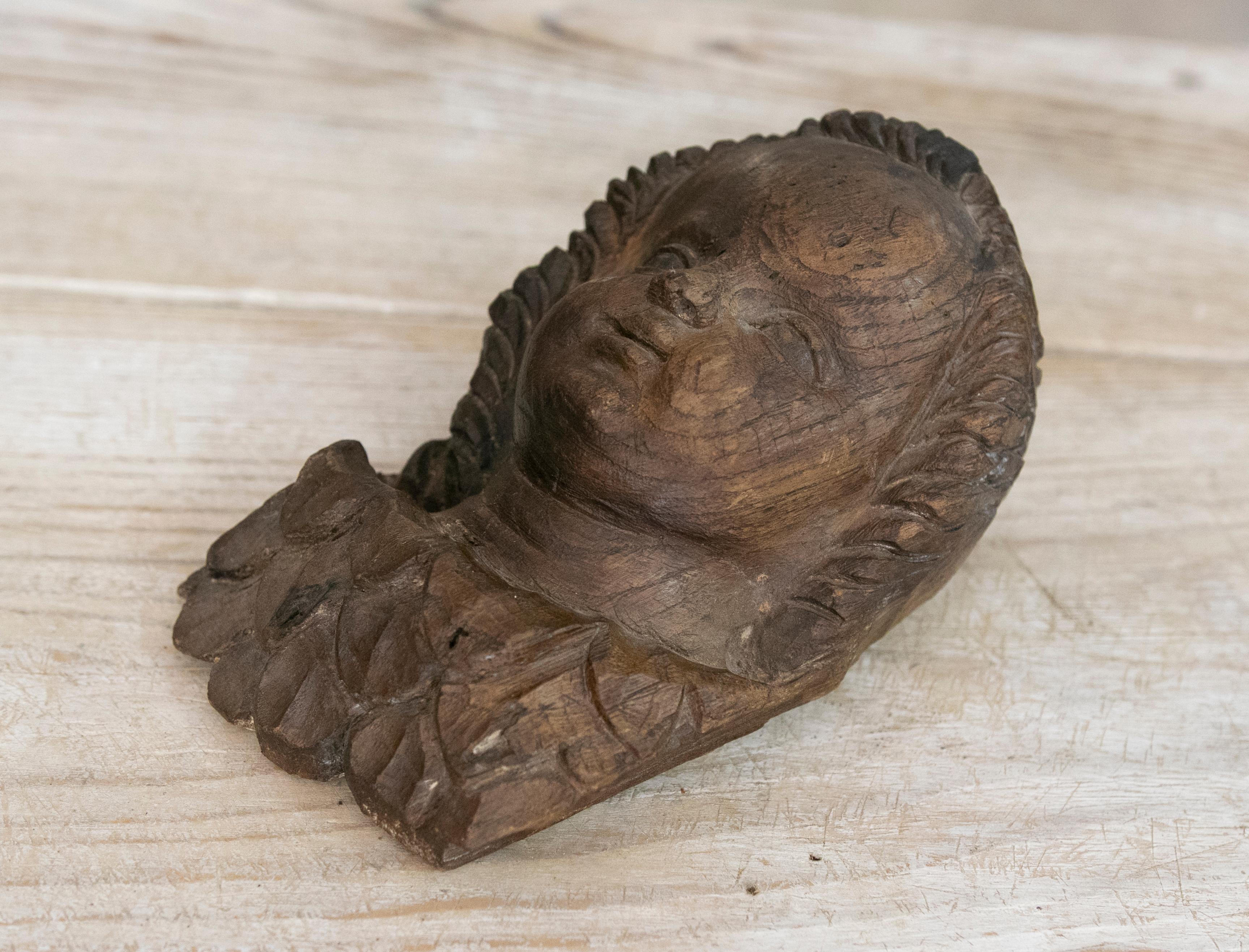Spanish 18th Century Angel's Head Sculpture Handcarved in Wood For Sale
