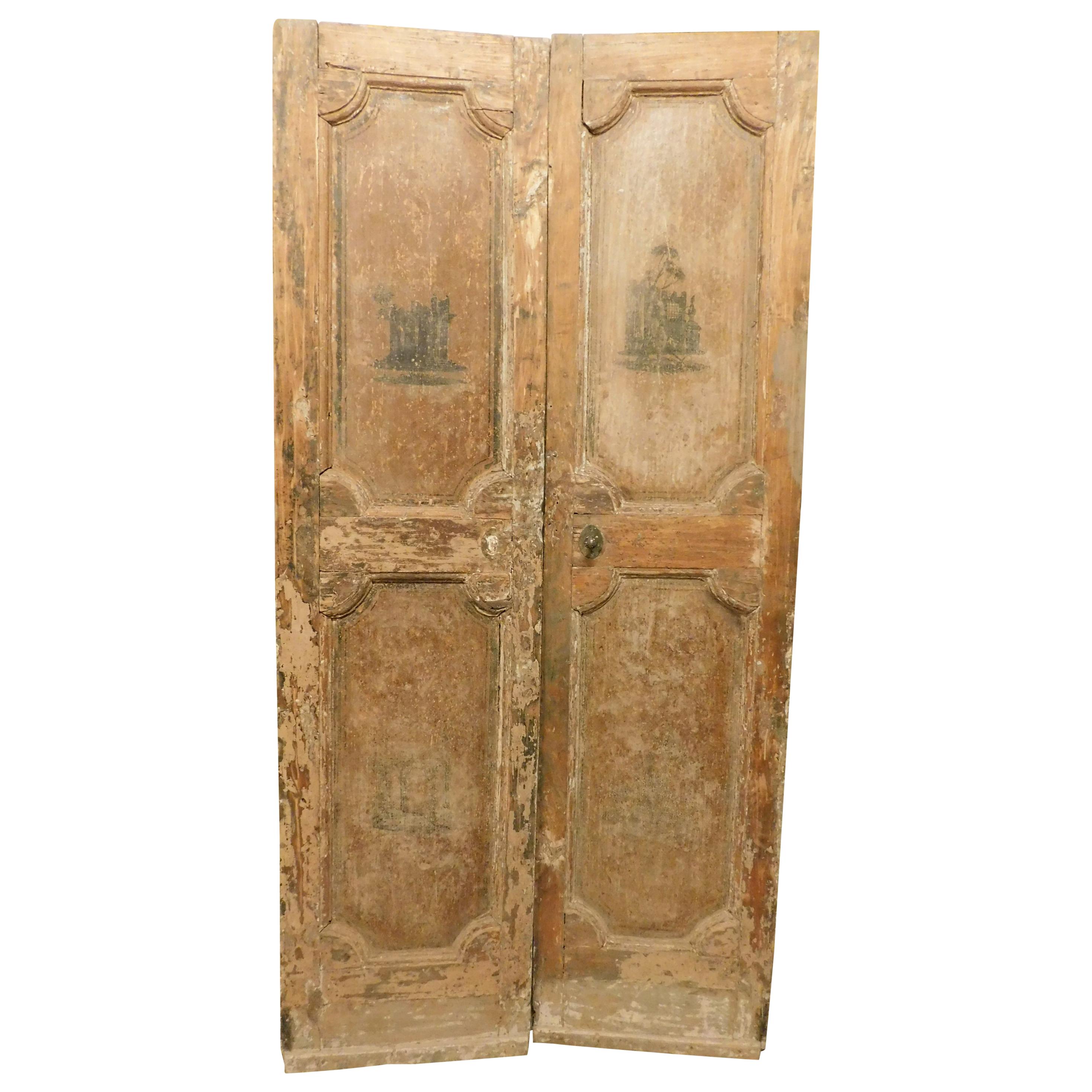 Antike beige lackierte Doppeltür aus dem 18. Jahrhundert mit lackierten Skulpturen, Italien