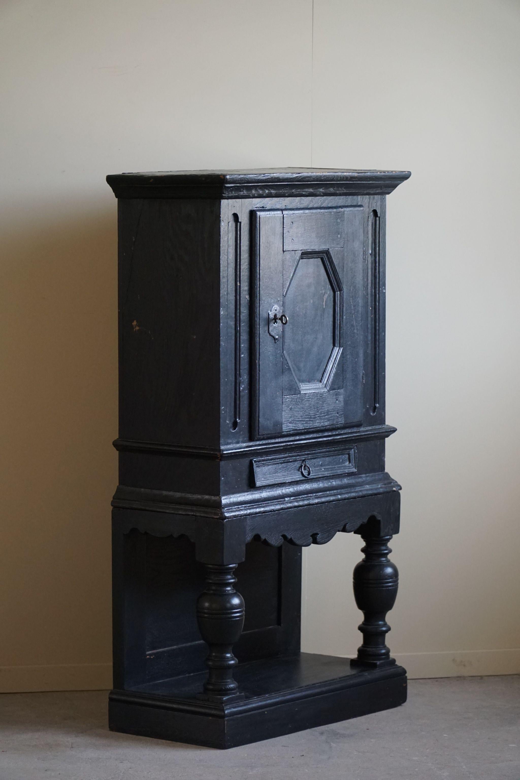 Oak 18th Century, Antique Black Painted Cabinet by a Danish Cabinetmaker, Baroque For Sale