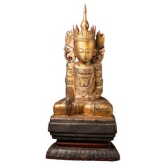 18th Century Antique Burmese Wooden Buddha Statue in Bhumisparsha Mudra
