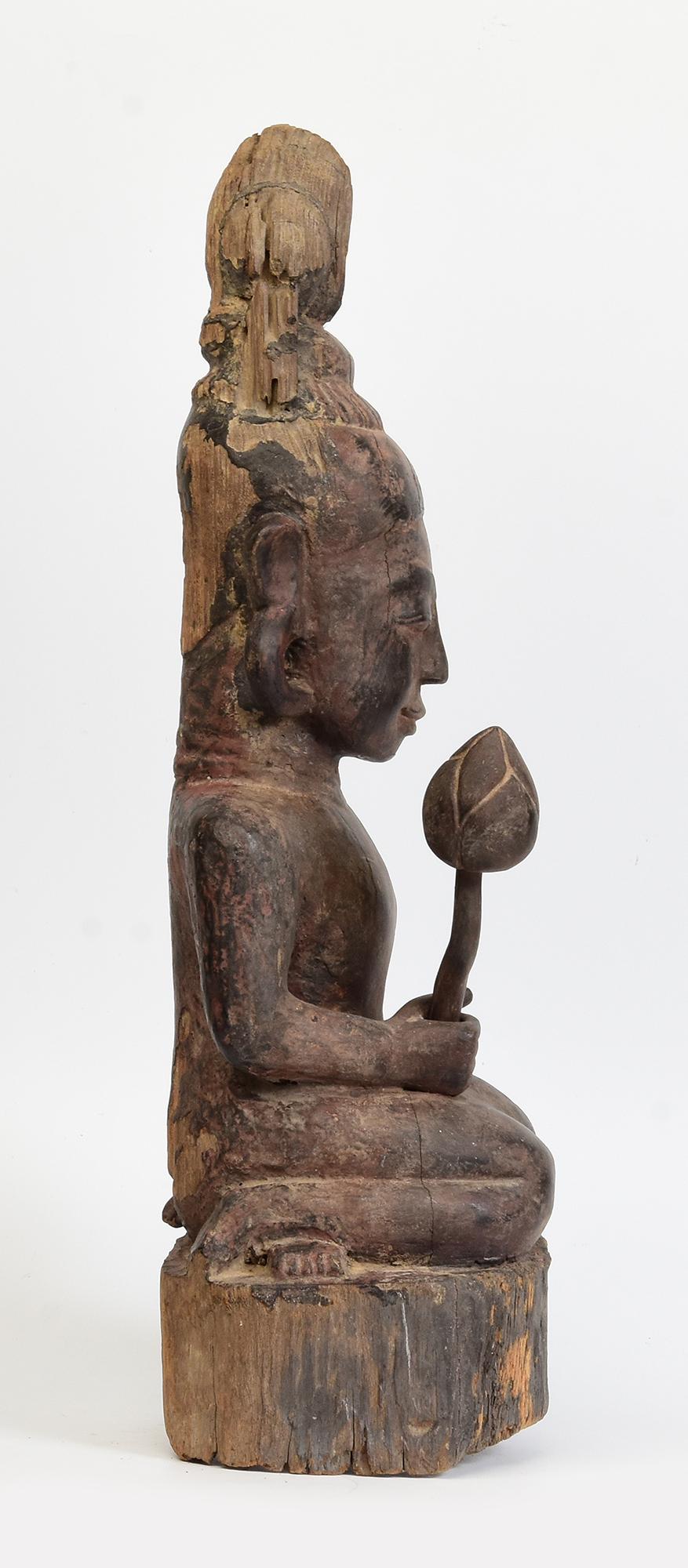18th Century, Antique Burmese Wooden Seated Figure of Lady Holding Lotus For Sale 5