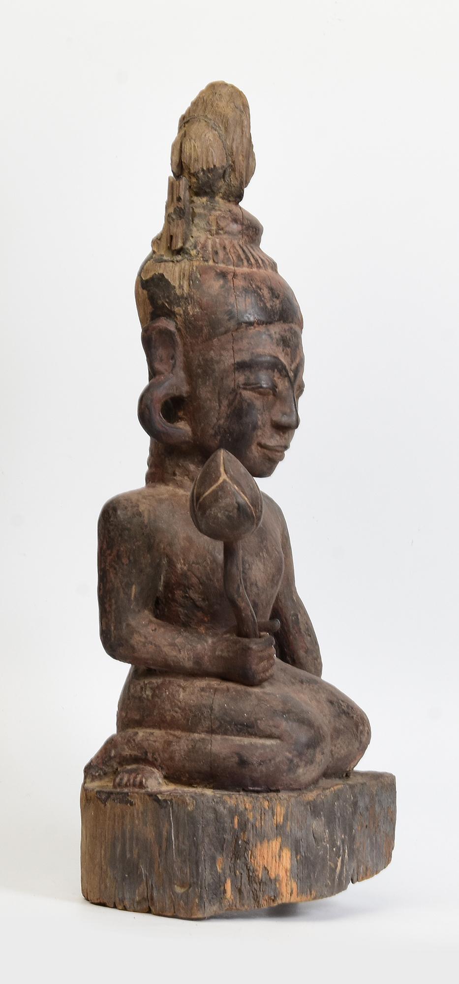 18th Century, Antique Burmese Wooden Seated Figure of Lady Holding Lotus For Sale 6