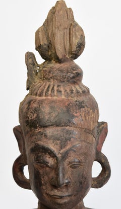 18th Century, Antique Burmese Wooden Seated Figure of Lady Holding Lotus