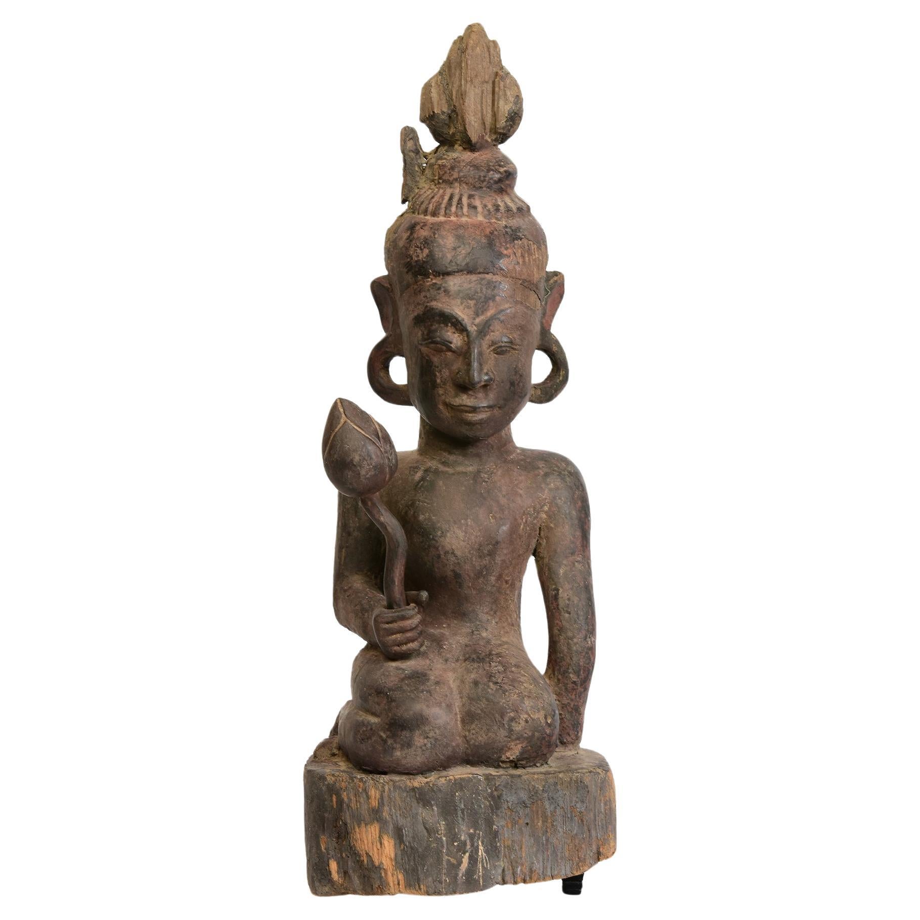 18th Century, Antique Burmese Wooden Seated Figure of Lady Holding Lotus For Sale