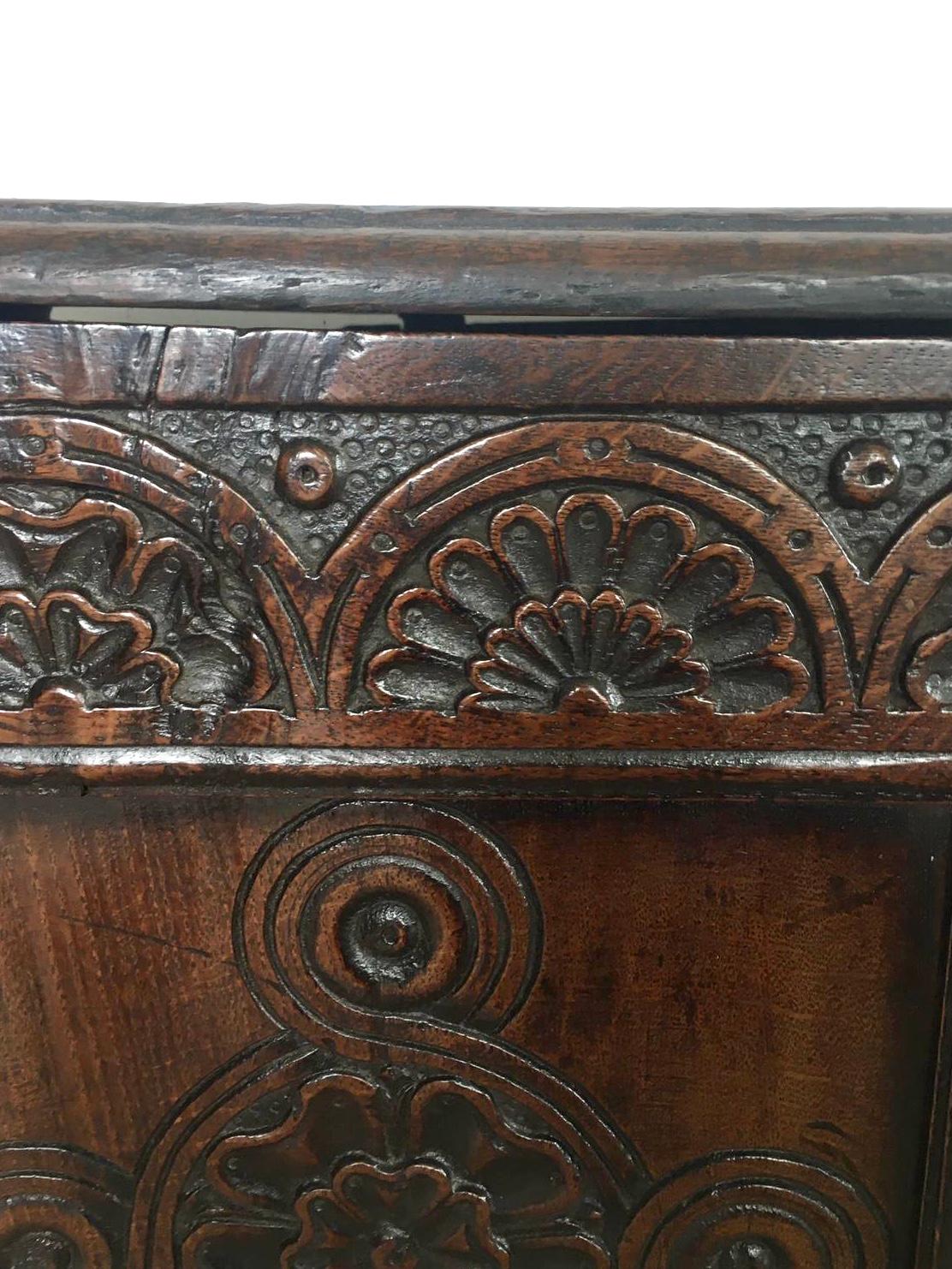18th Century Antique Carved Oak Coffer For Sale 5