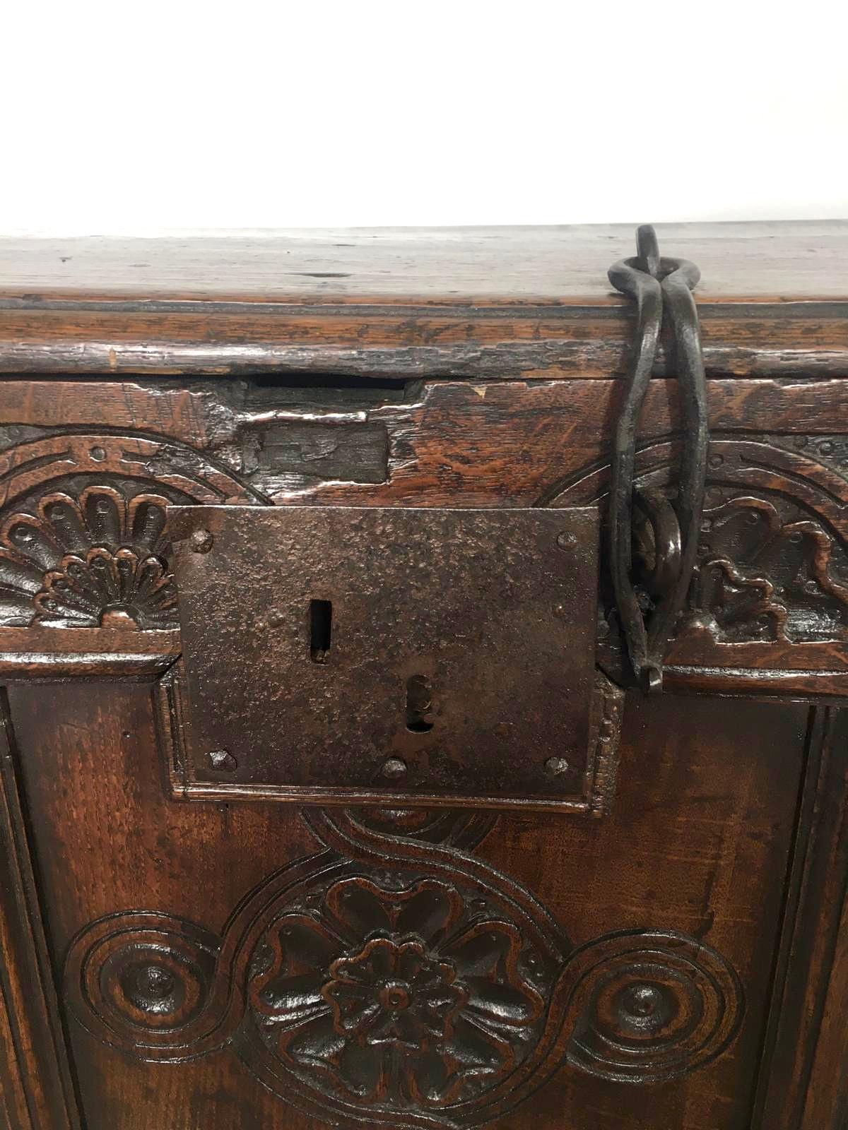 18th Century Antique Carved Oak Coffer For Sale 6
