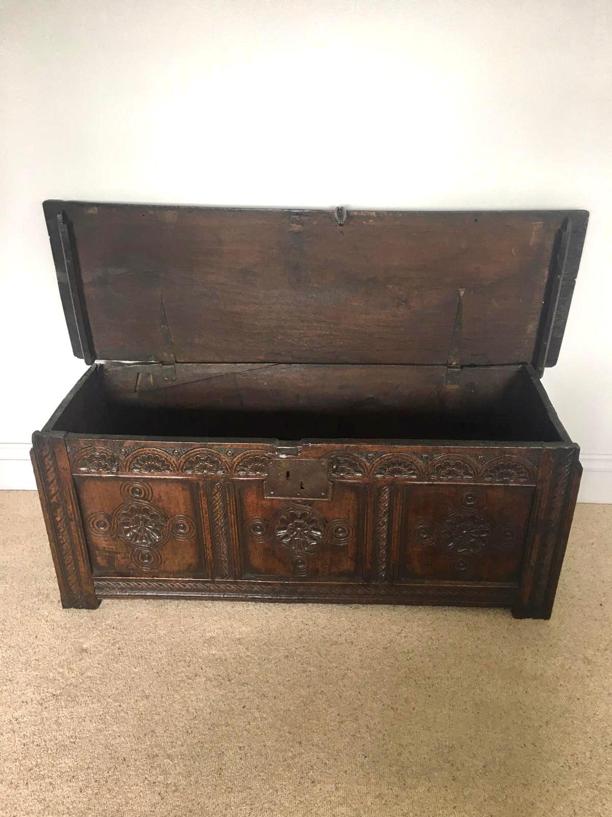 George I 18th Century Antique Carved Oak Coffer For Sale