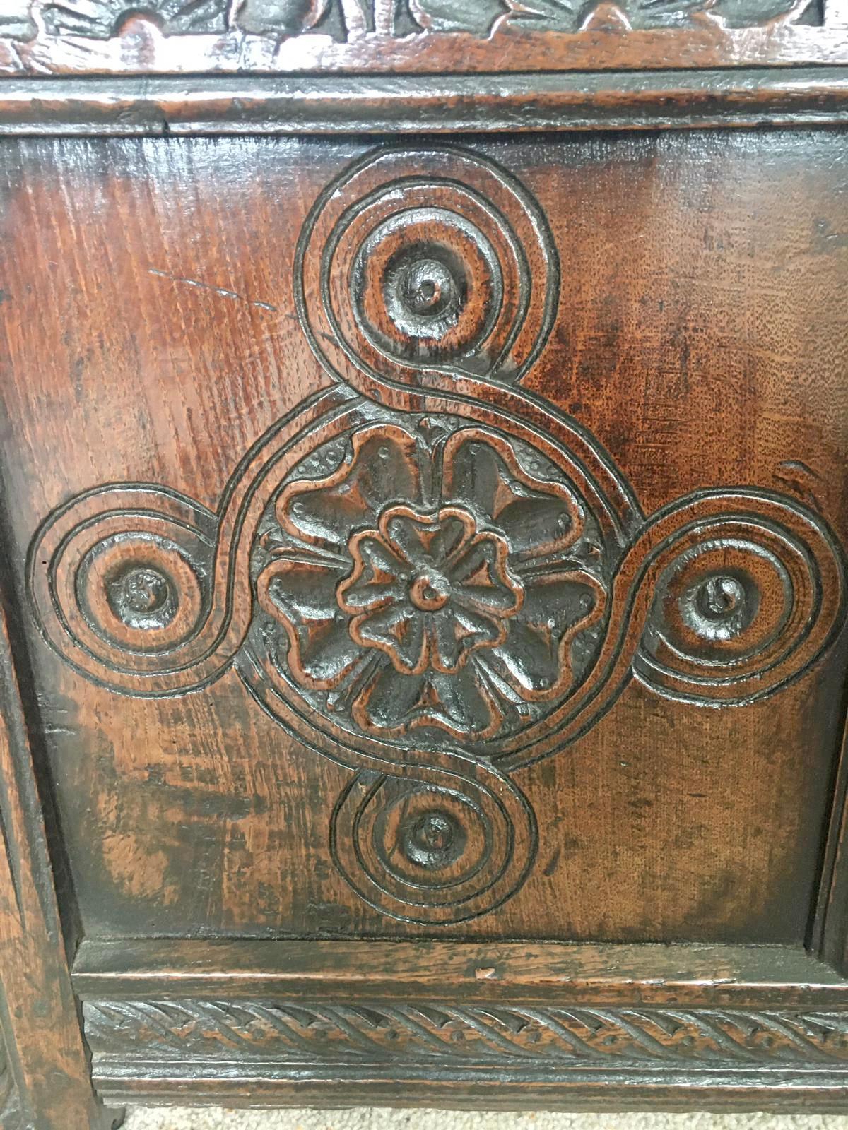18th Century Antique Carved Oak Coffer For Sale 4