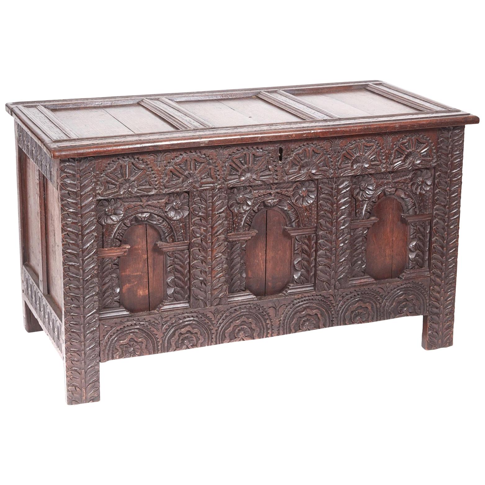 18th Century Antique Carved Oak Paneled Coffer