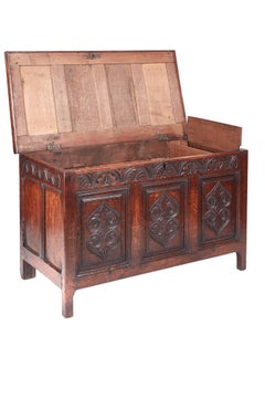 18th Century Antique Carved Oak Panelled Coffer