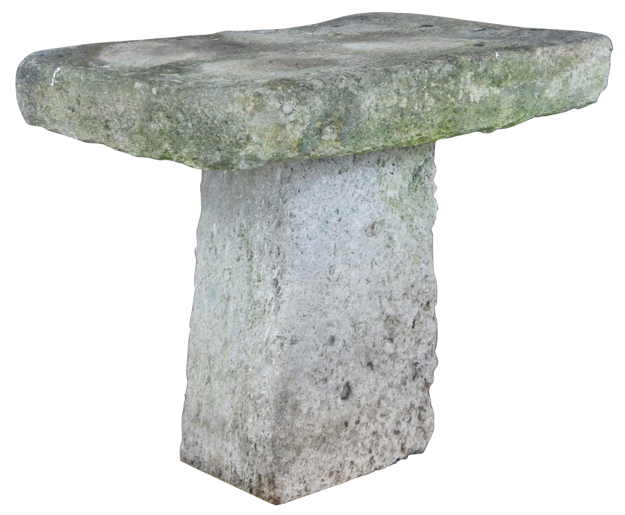 An ancient outdoor stone table or stand. Two piece design with amazing patina. 
 