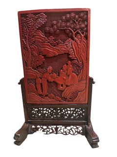 18Th Century Antique Chinese Carved Cinnabar Lacquer Table Panel With Figure