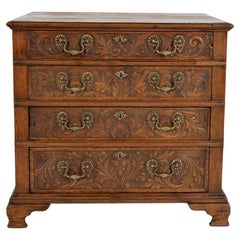 18th Century Antique English Georgian Oak Chest of Drawers Carved Foliage Brass