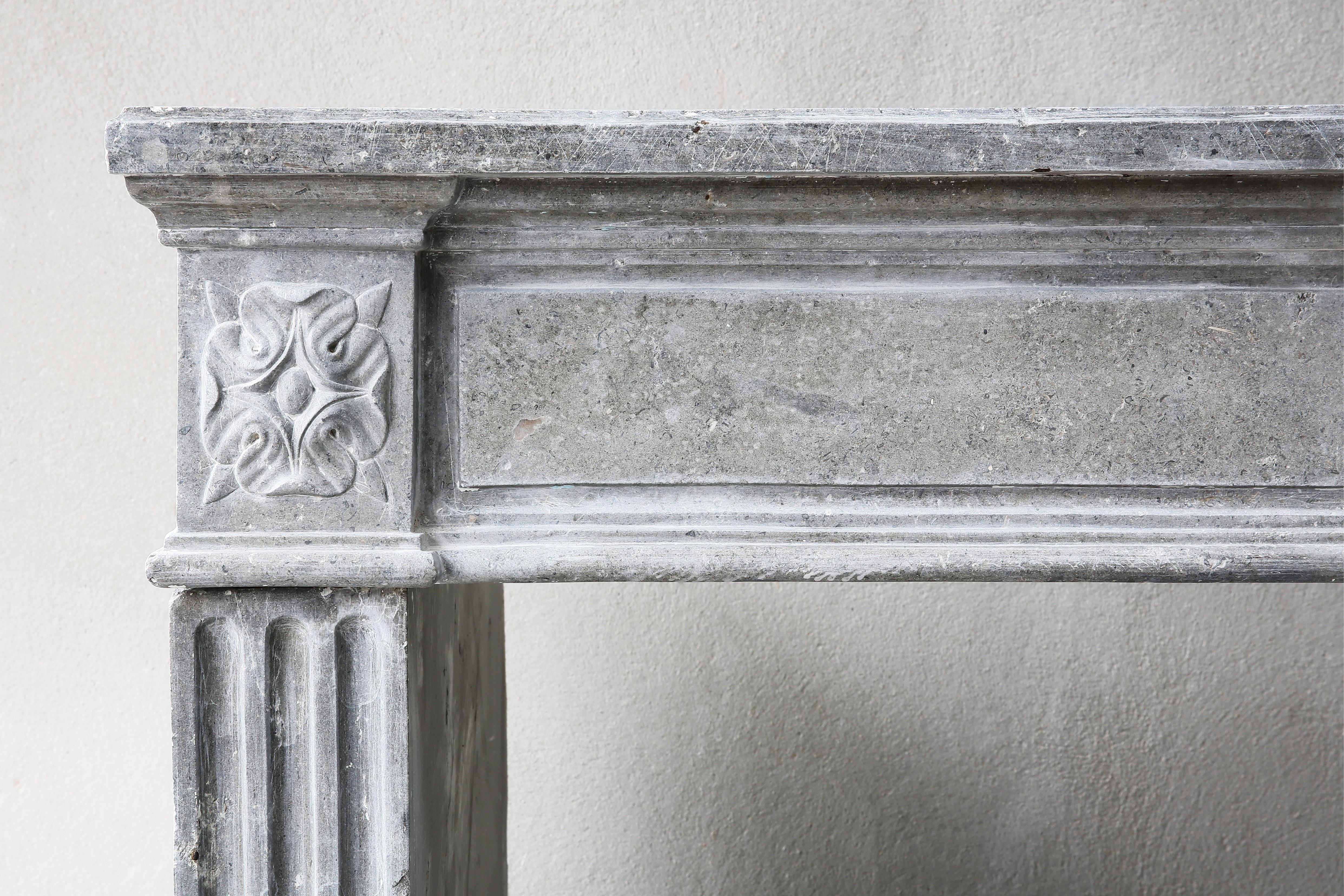 18th Century and Earlier 18th Century Antique Fireplace of Gray Marble Stone in Style of Louis XVI For Sale