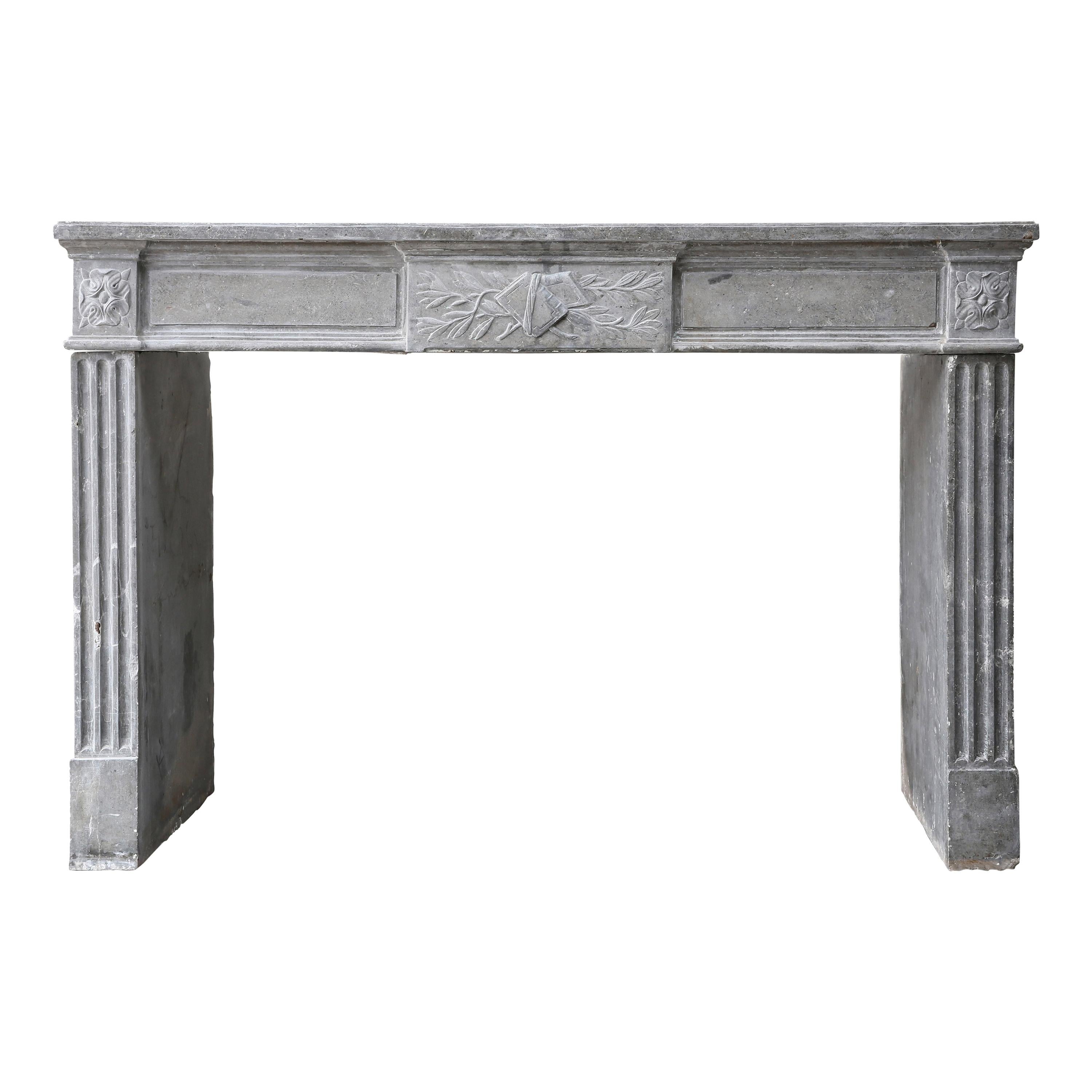 18th Century Antique Fireplace of Gray Marble Stone in Style of Louis XVI