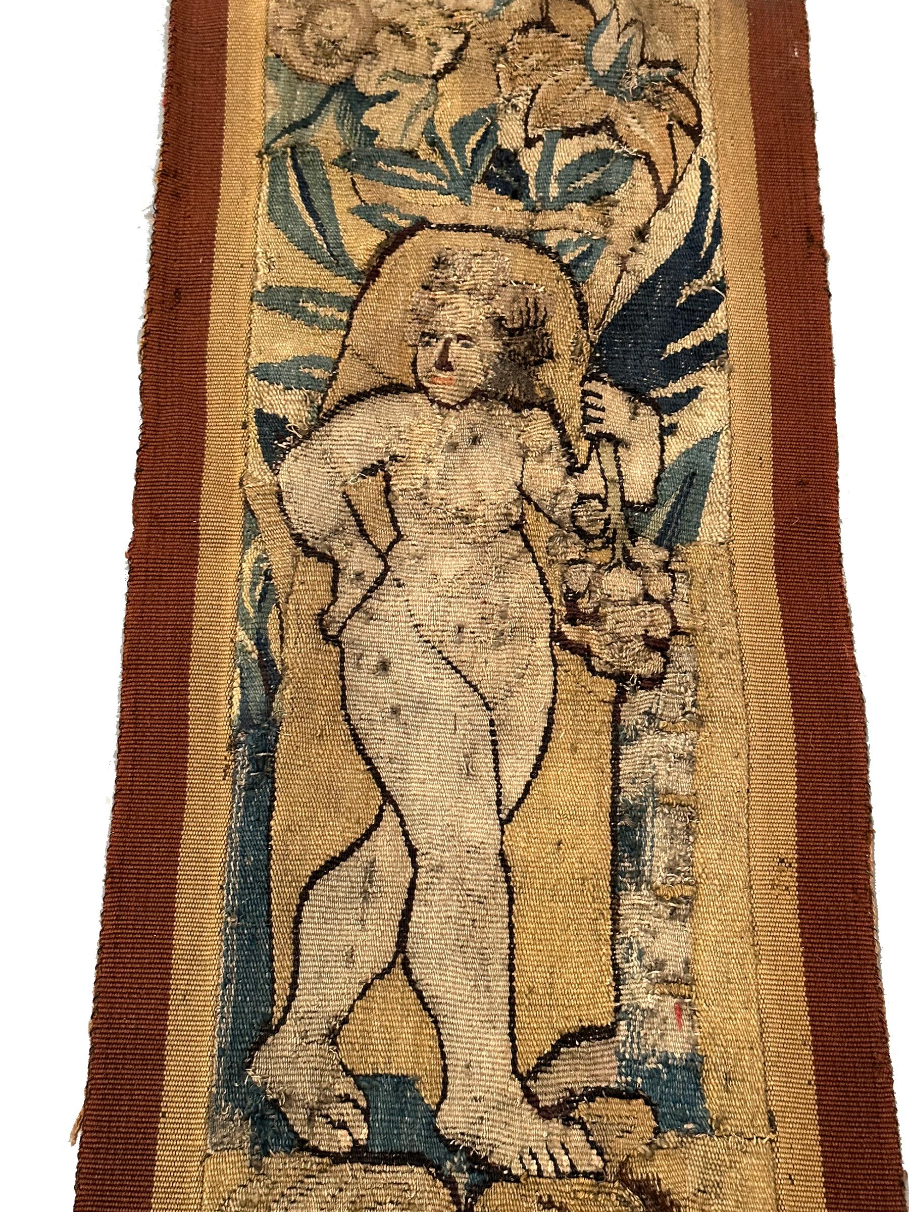 18th Century Antique Flemish Tapestry Handmade Wool & Silk 1x8 31cm x 244 For Sale 1