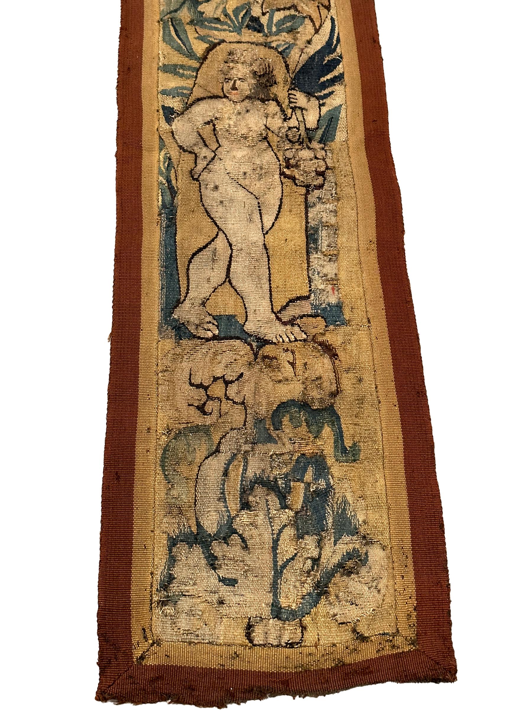 18th Century Antique Flemish Tapestry Handmade Wool & Silk 1x8 31cm x 244 For Sale 2