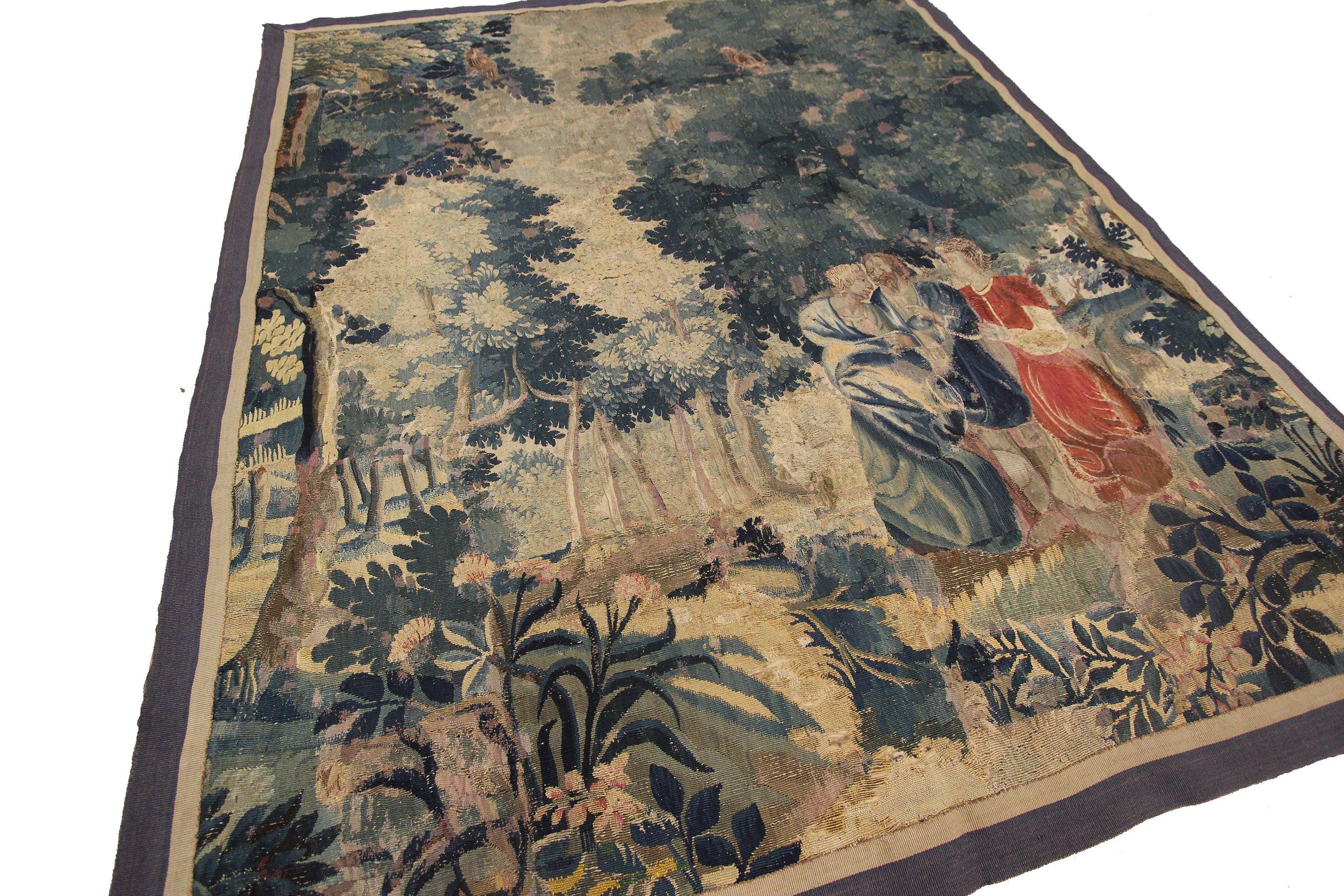 Hand-Woven 18th Century Antique Flemish Tapestry Verdure Tapestry Belgium Large Tapestry