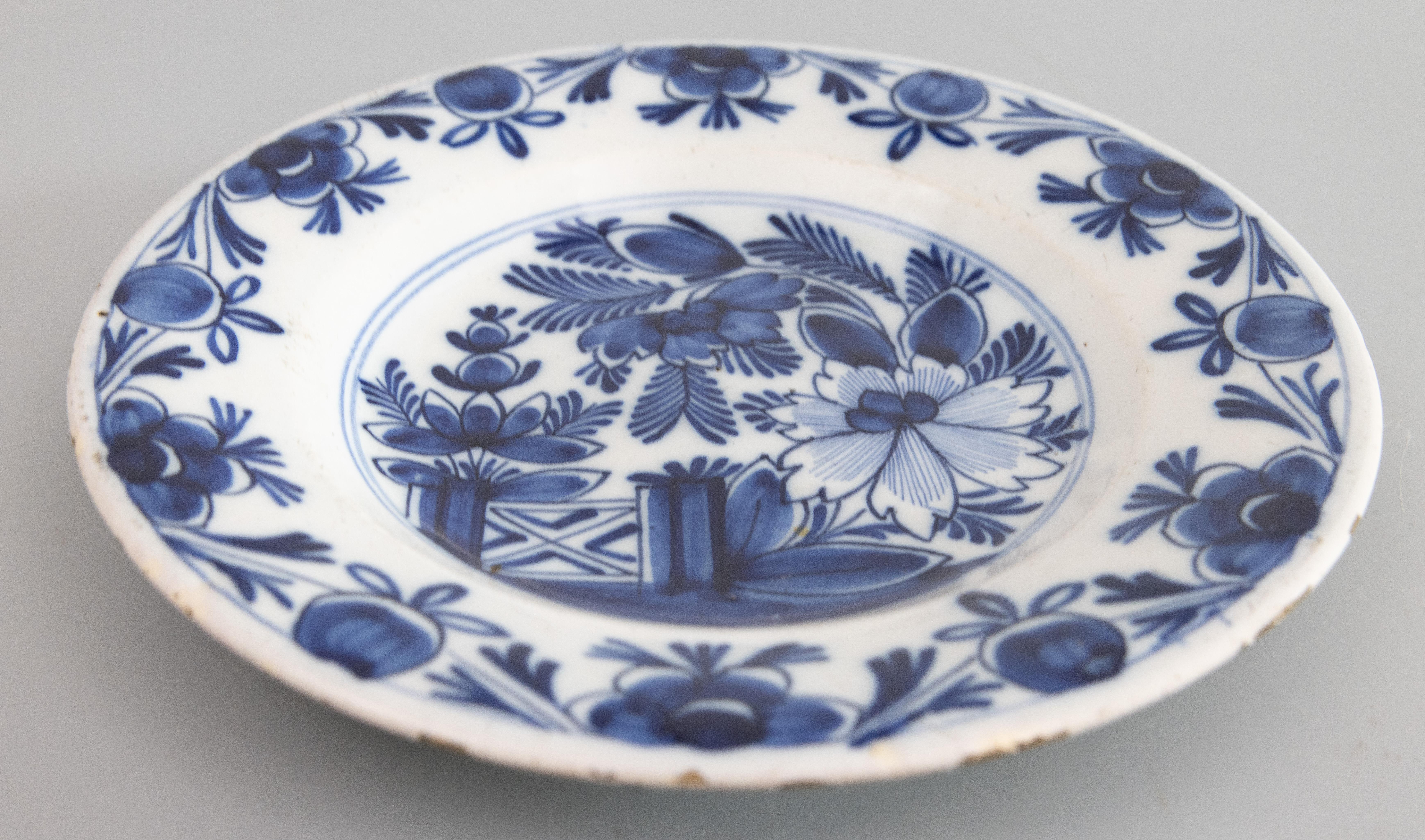 Dutch 18th Century Antique Floral Delft Plate With Garden Gate For Sale