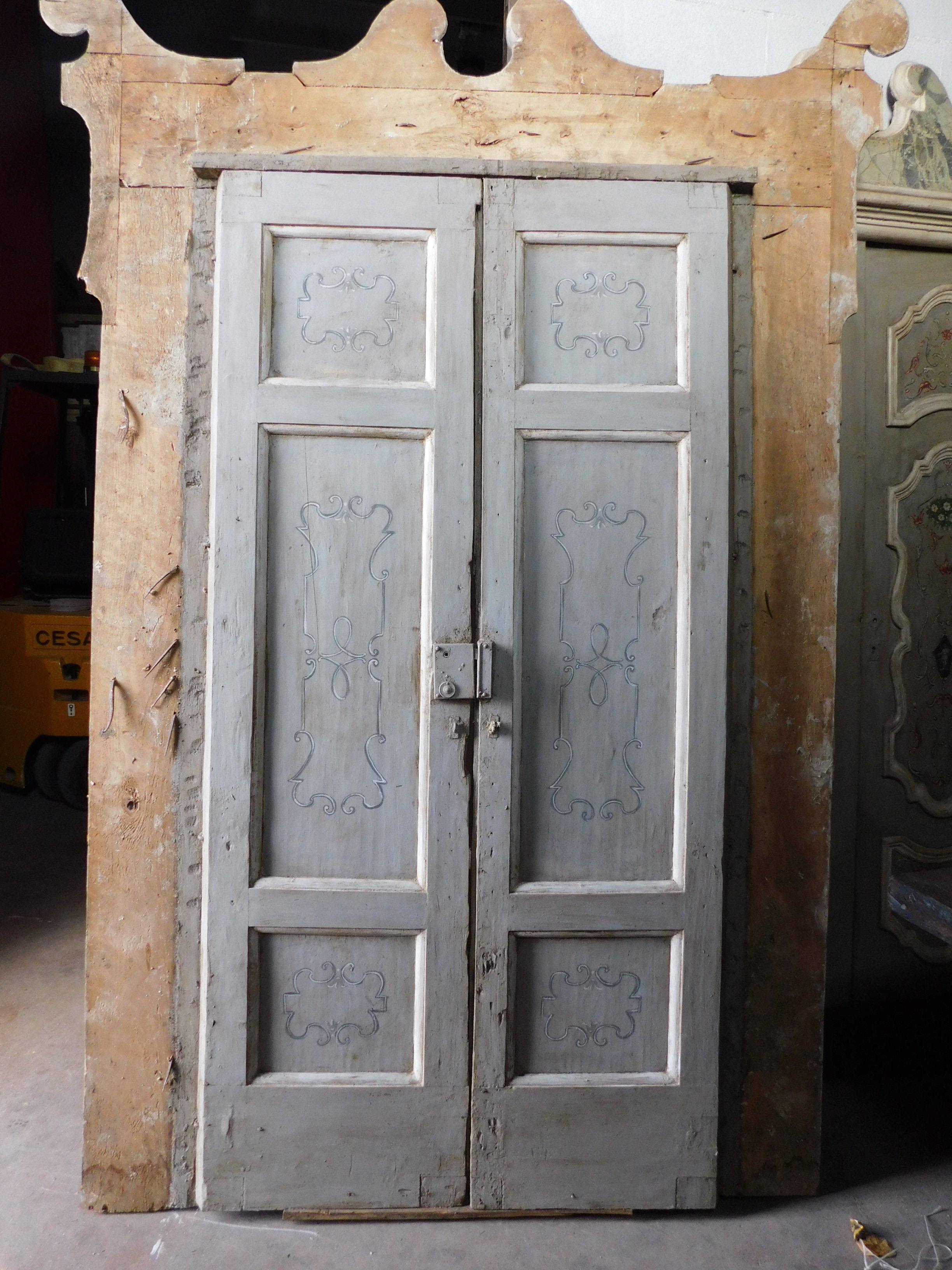 Italian 18th Century Antique Four Wood Lacquered Doors, Italy, Grey and Fake Marble For Sale