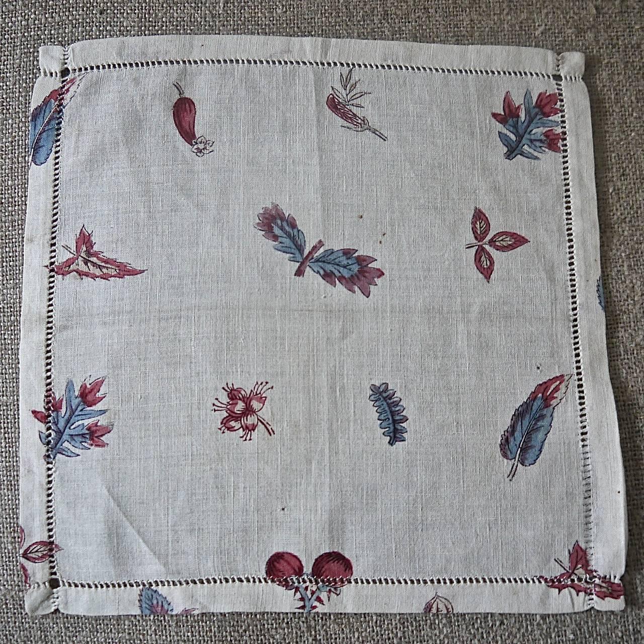 French 18th century small mouchoir or handkerchief block printed with leaves and flower buds in very pretty blue, raspberry red and pale yellow colors. Delightful piece.