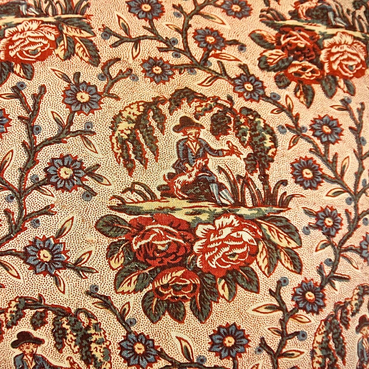 French Provincial 18th Century Antique French Figurative Toile Flowers Blockprinted Pillow