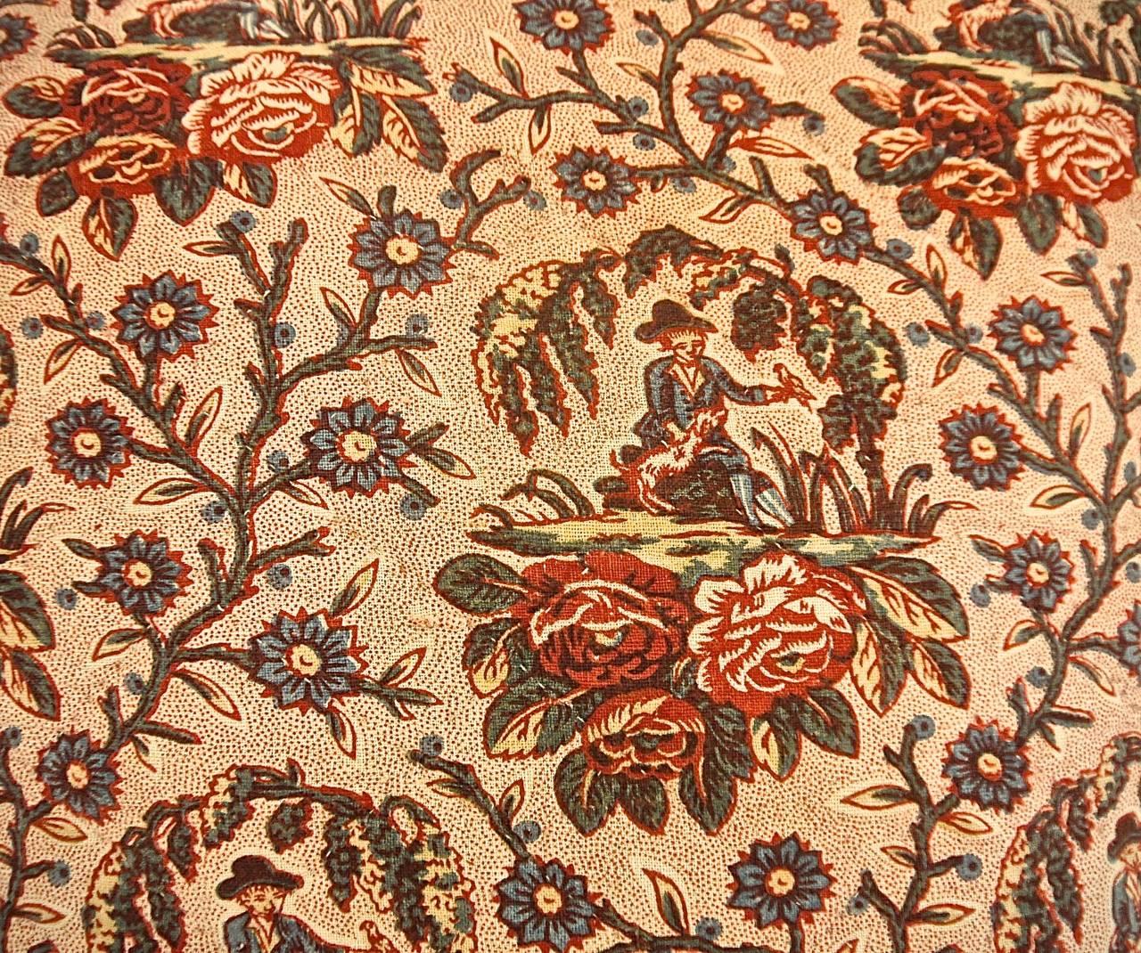 Quilted 18th Century Antique French Figurative Toile Flowers Blockprinted Pillow