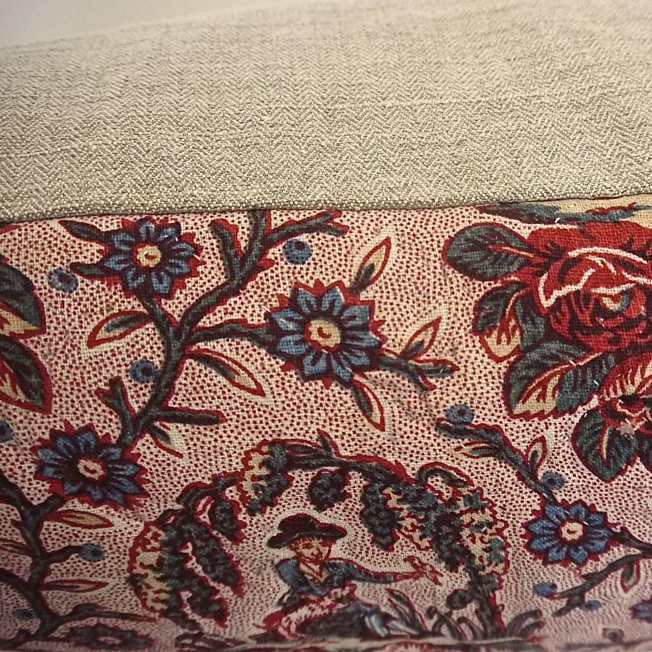 Cotton 18th Century Antique French Figurative Toile Flowers Blockprinted Pillow