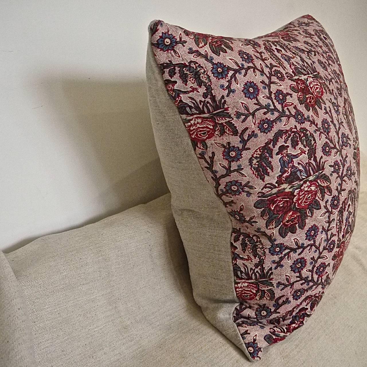 18th Century Antique French Figurative Toile Flowers Blockprinted Pillow 1