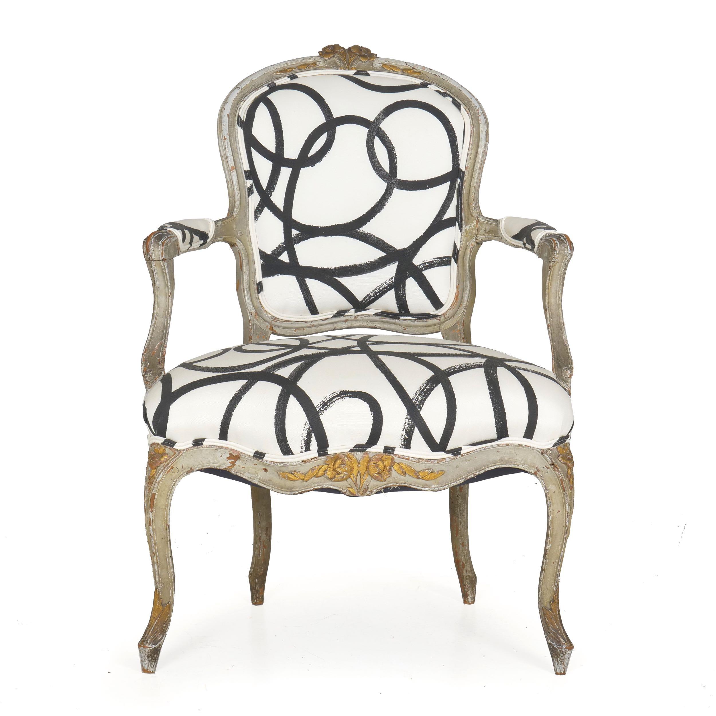 French Louis XV period worn gray painted fauteuil
circa late 18th-early 19th century; with parcel gold highlights
Item # 008EXP26I-3

A gorgeous painted fauteuil of the Louis XV period, this delightful chair has a historical surface of many