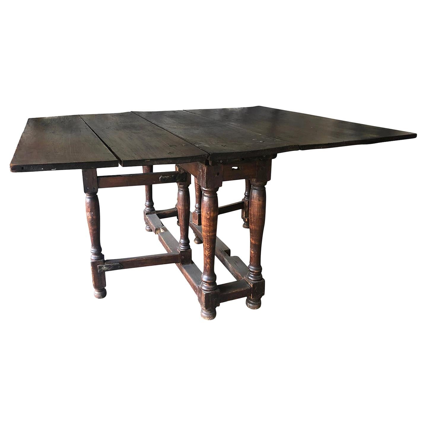 18th Century Dark-Brown French Antique Walnut Drop-Leaf Table, Farmhouse Table