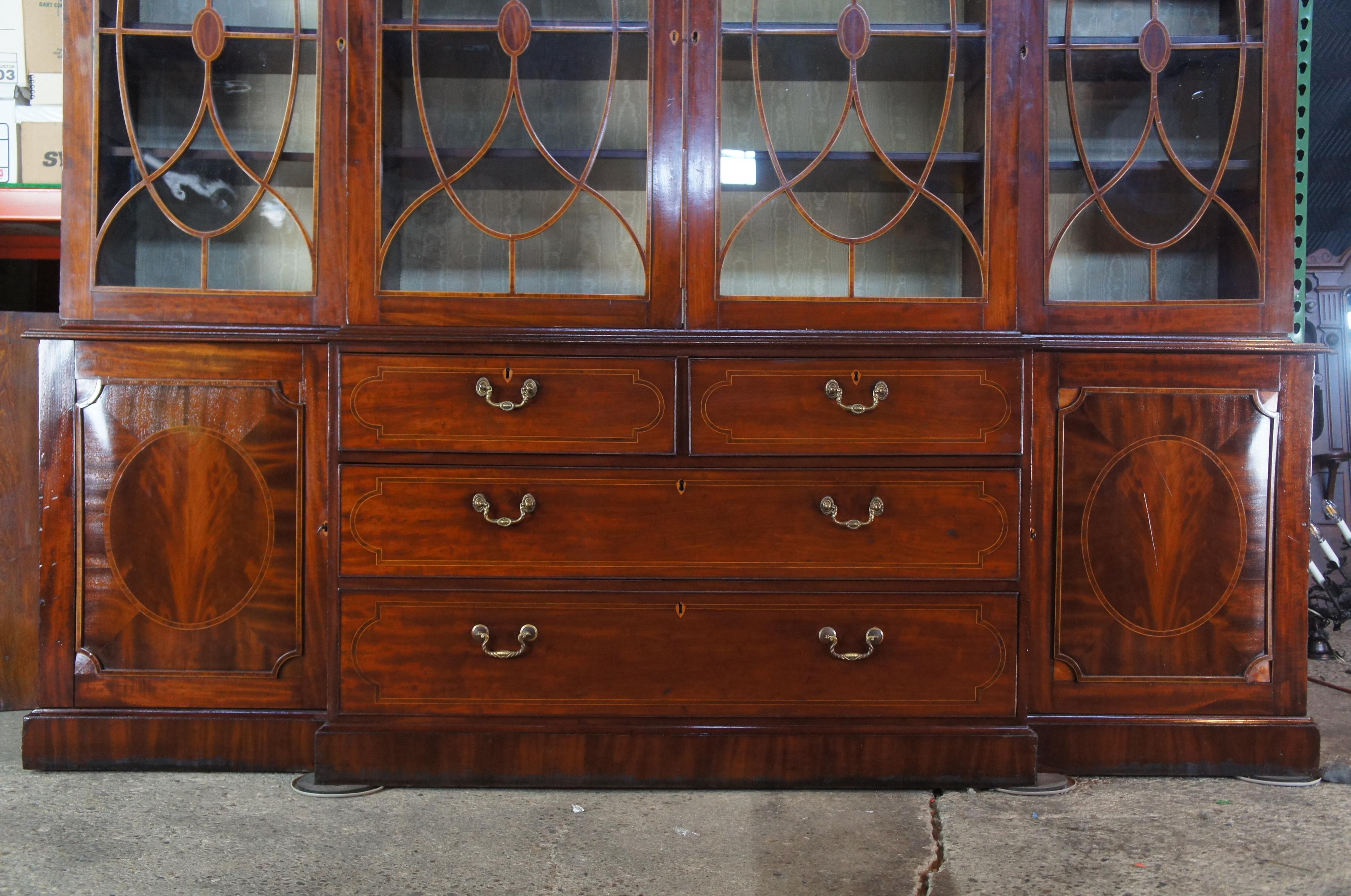 18th Century and Earlier 18th Century Antique George III Mahogany Burl Breakfront China Cabinet Bookcase