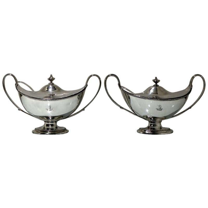 18th Century Antique George III Sterling Silver Pair Sauce Tureens London, 1786 For Sale