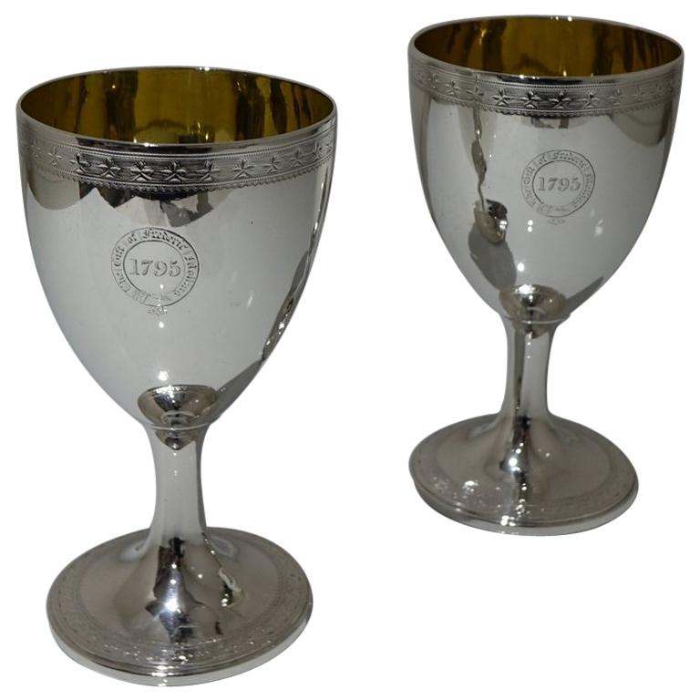 18th Century Antique George III Sterling Silver Pair Wine Goblets London, 1794