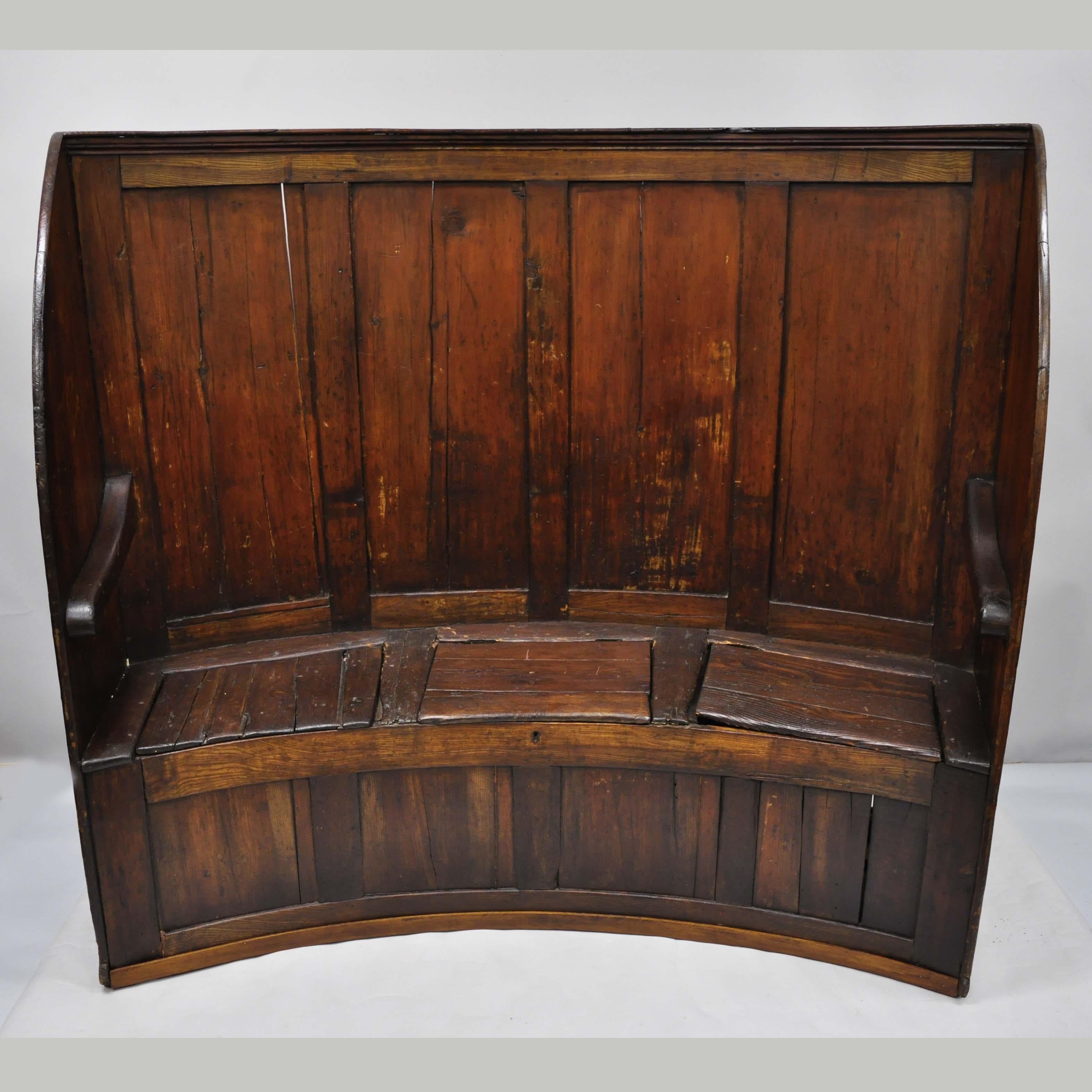 18th Century Antique High Back Curved English Pine Pub Settle Hall Storage Bench For Sale 4
