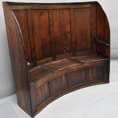 18th Century Antique High Back Curved English Pine Pub Settle Hall Storage Bench