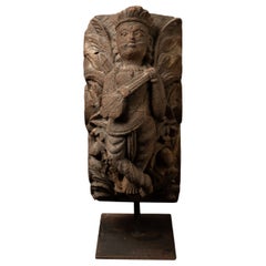 18th century Antique Indian wooden temple fragment with apsara/yakshi figure